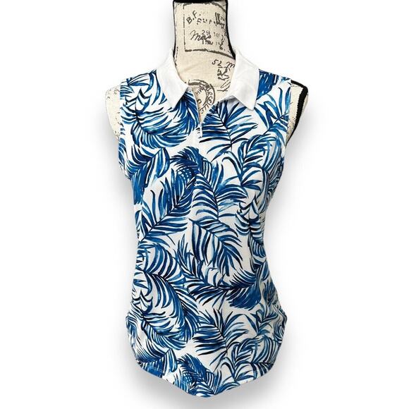 New Tommy Bahama Golf Zip Collared Blue White Palm Leaf Tank Top Medium NWT - Picture 1 of 4